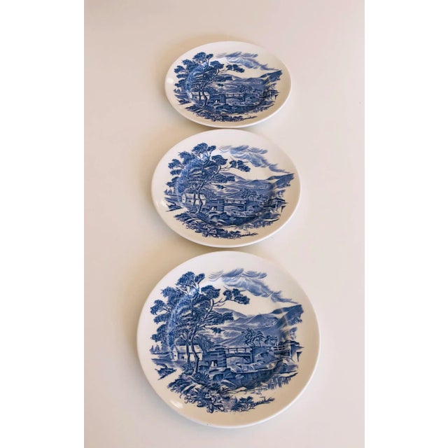 Ceramic Vintage Country Side Enoch Wedgwood Hand Painted Blue & White Plates S/3 For Sale - Image 7 of 7