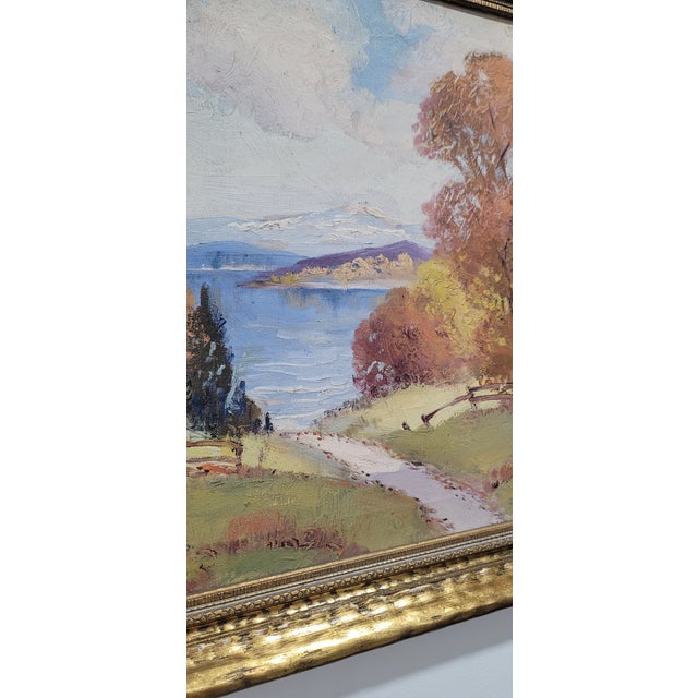 Textile Vintage Original Autumn Landscape Oil Painting by Ernest Fredericks c.1950 Gold Frame For Sale - Image 7 of 13