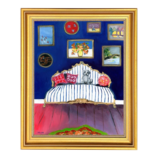 Pup on Blue Striped Sofa Impressionist Interior Room Portrait Oil Painting by Alexandra Swistak For Sale