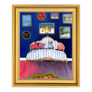Pup on Blue Striped Sofa Impressionist Interior Room Portrait Oil Painting by Alexandra Swistak