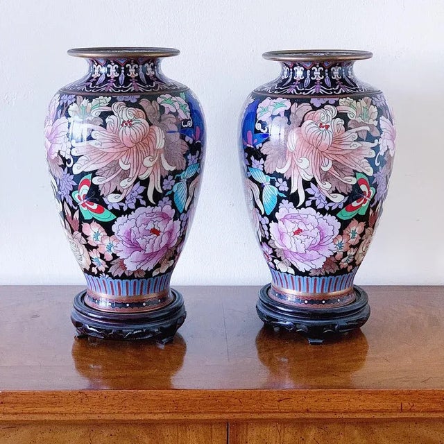 Metal Late 19th Century Chinese Cloisonné Vase of Peonies and Butterflies on Black of Pink Blue Purple Enamel and Brass - a Pair For Sale - Image 7 of 7
