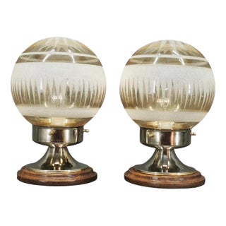 Italian Etched Glass, Chrome and Wood Table Lamps, 1950s, Set of 2 For Sale