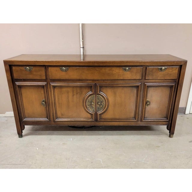 Century Furniture 1960s Century Furniture Asian Modern Fruitwood Credenza With Brass Hardware For Sale - Image 4 of 10