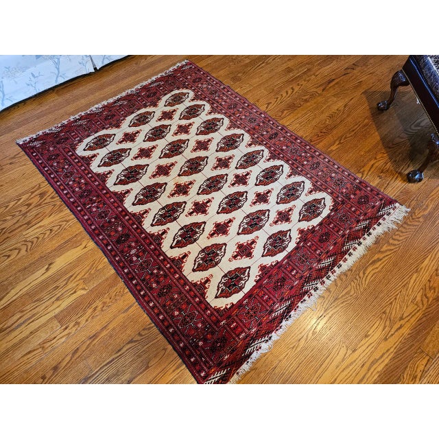 Vintage Turkmen Area Rug in All Over Geometric Pattern in Ivory, Red, Black For Sale - Image 9 of 10