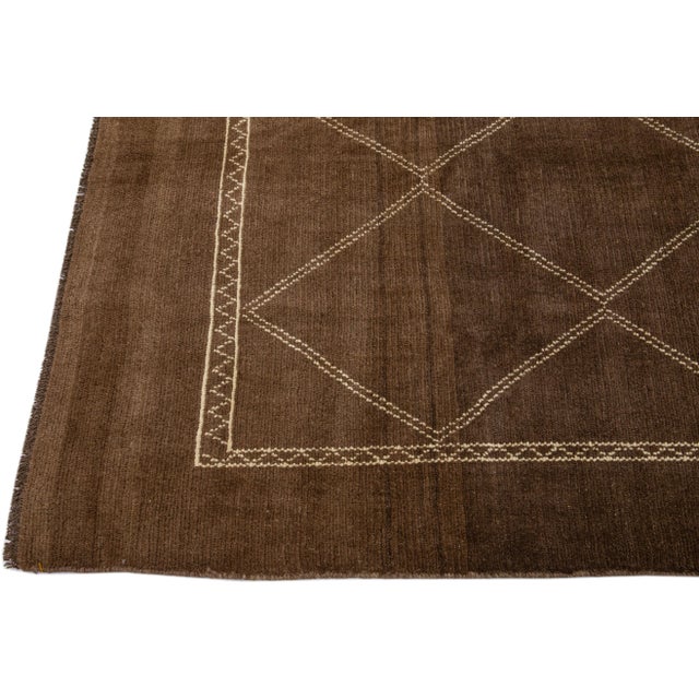 Modern Moroccan Style Brown Handmade Tribal Wool Rug For Sale - Image 4 of 8