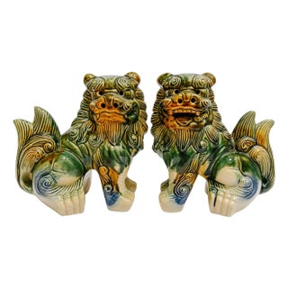 Pair of Mid 20th Century Chinese Green & Blue Glazed Ceramic Foo Dog Figurines For Sale