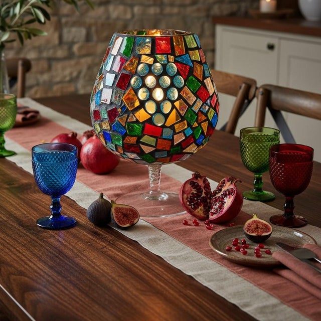 Oversized Stained Glass Mosaic Goblet Candle Holder-Boho-Moroccan-Lantern-Light For Sale - Image 6 of 8