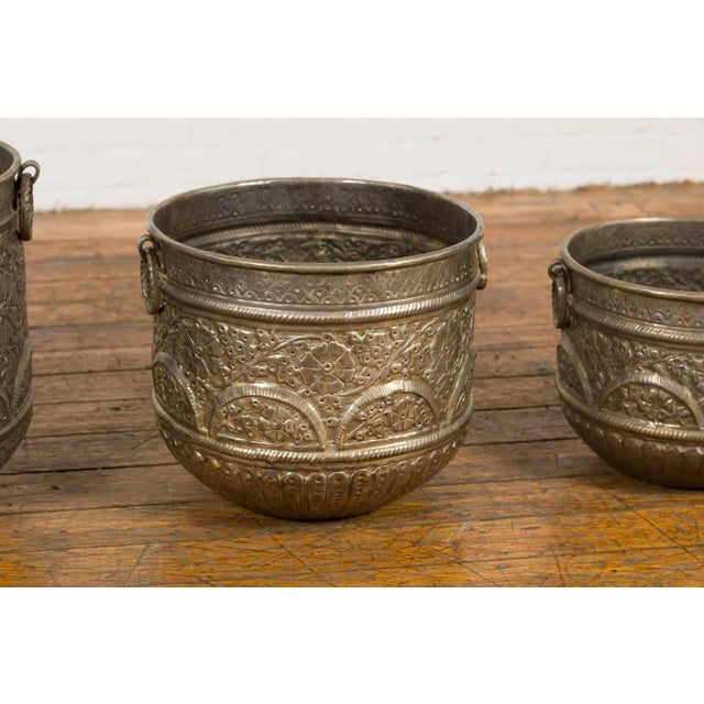 Mid 20th Century Vintage Indian Nested Silver over Brass Vessels with Repoussé Floral Décor - Set of 3 For Sale - Image 5 of 13