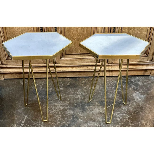 White Pair of Italian Brass and Marble Hex Form Tables For Sale - Image 8 of 8