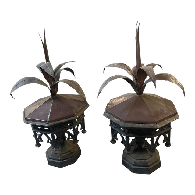 Pair of Vintage Neoclassical Cast Iron & Copper Architectural Finials With Wrought Botanical Agave Crests For Sale