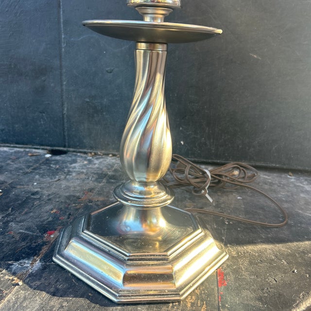 Stiffel Vintage Stiffel Pewter Barley Twist Candlestick Lamps With Shades - A Pair - Newly Rewired For Sale - Image 4 of 12
