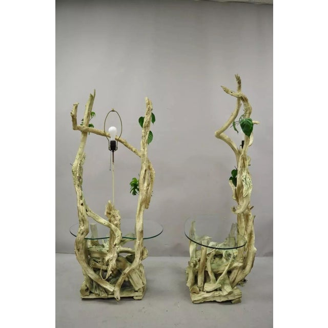Mid-Century Modern Driftwood Tiki Jungle Lamp End Tables With Kidney Glass - Pair For Sale - Image 12 of 12
