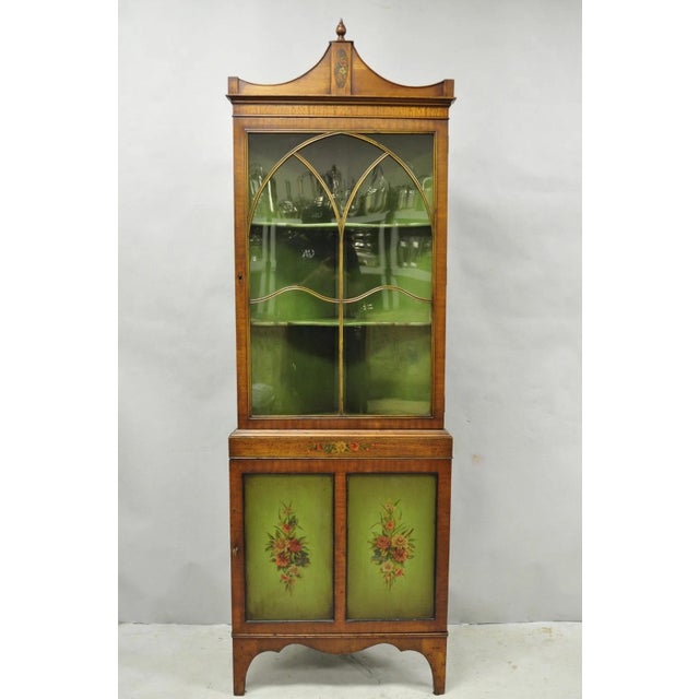 Antique English Adams Style Green Hand Painted Narrow Corner China Cabinet with Glass Upper Door (no key) and Blind Lower...
