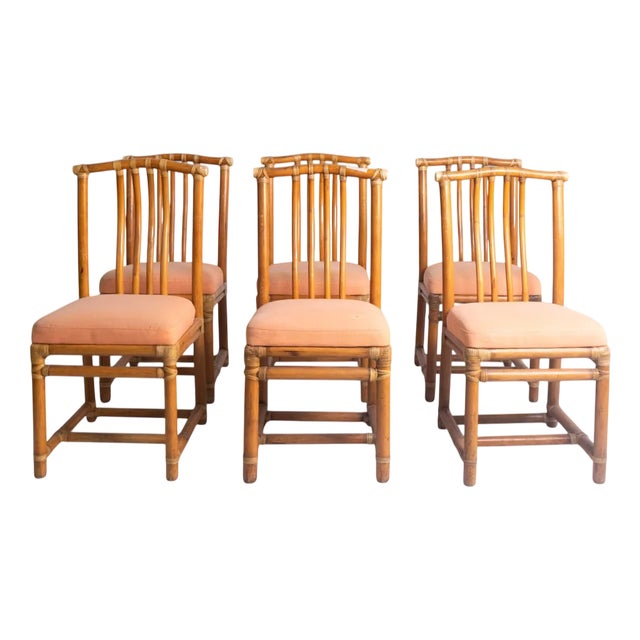 Vintage Bamboo Chairs with Peach-Colored Upholstered Seats, Set of 6 For Sale
