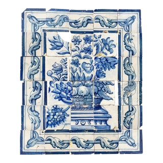 18th Century Portuguese Baroque Blue & White Flower Basket Tile Panel For Sale