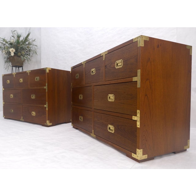 Baker Furniture Company Pair of Campaign Solid Teak Dovetailed Drawers Dressers Credenza Brass MINT! For Sale - Image 4 of 17