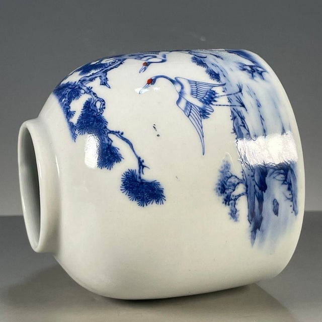 Ceramic Chinese Blue & White Porcelain Water Pot With Pine & Crane Motif For Sale - Image 7 of 9