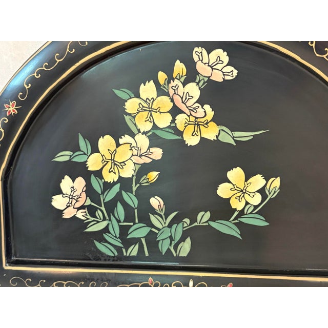 Asian 1960s-70s Black Lacquered Carved Asian Style Arched Wall Mirror For Sale - Image 3 of 3