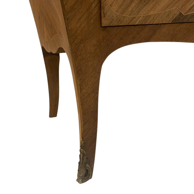 Metal Louis XV Bombé Commode in Chevron Marquetry and Emperador Marble, 1890s For Sale - Image 7 of 9