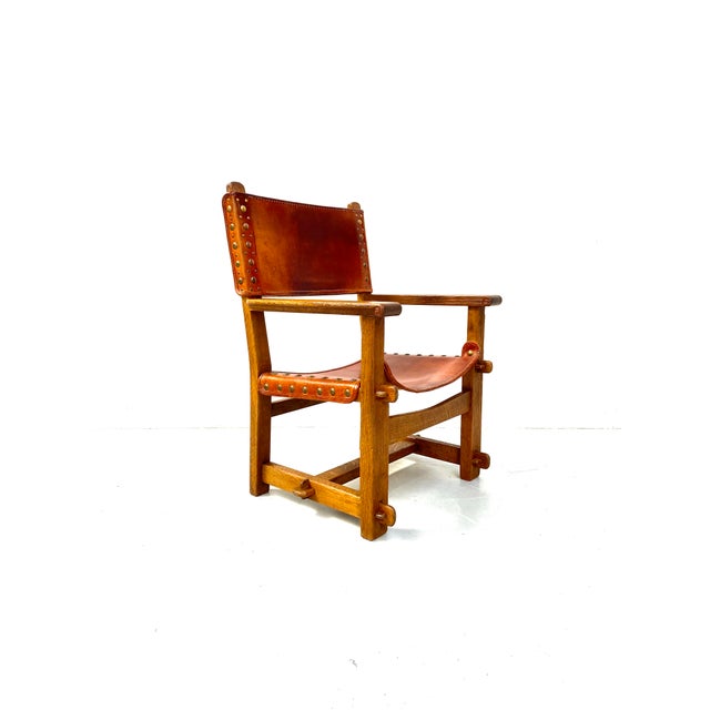 Vintage French Brutalist Castle Armchair in Oak and Cognac Leather, 1920s For Sale - Image 12 of 16