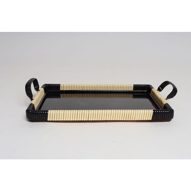 Art Deco Cream and Black Woven Rubber Vanity/Serving Tray With Glass Surface For Sale - Image 4 of 15