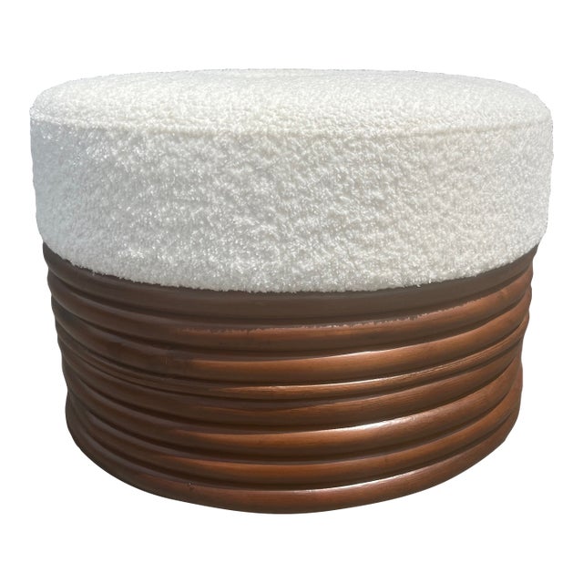 1970s Round Rattan Ottoman, Boucle, Mid Century For Sale