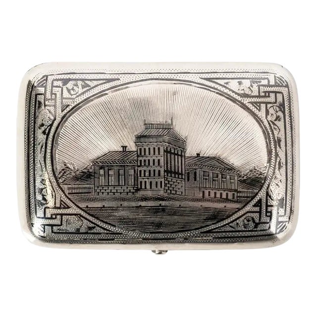 Antique Engraved 84 Silver Niello Tobacco Case Box, 1886 For Sale