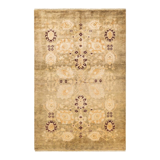 Eclectic Hand-Knotted Area Rug - Green, 4' 1" x 6' 2" For Sale