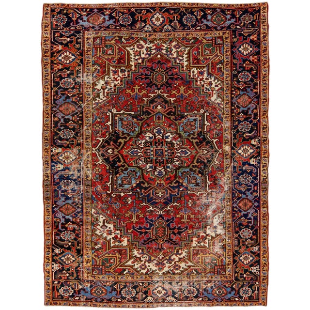 Antique Persian Heriz Red Handmade Medallion Motif Wool Rug For Sale - Image 11 of 11