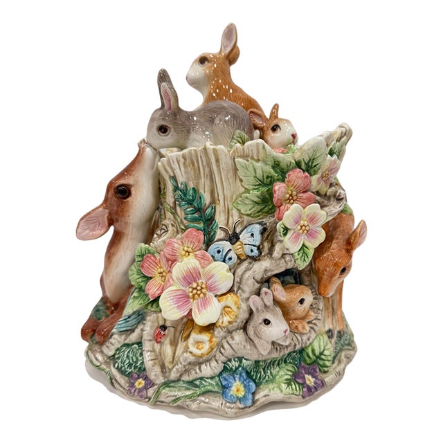 Fitz & Floyd Classic Woodland Springs Majolica Cookie Jar Bunnies Deer Floral Vintage 90s For Sale