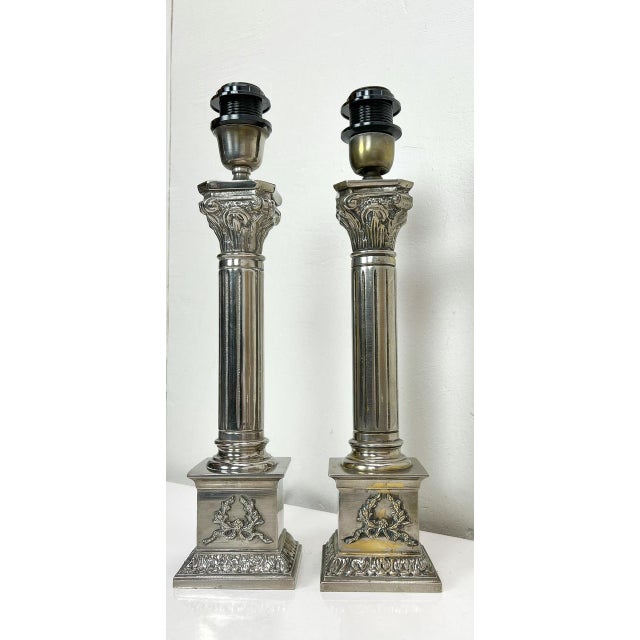 Nickel-plated brass column table lamps in Greek-Corinthian style, 1960s-70s. Beautiful classic design and with stylish...