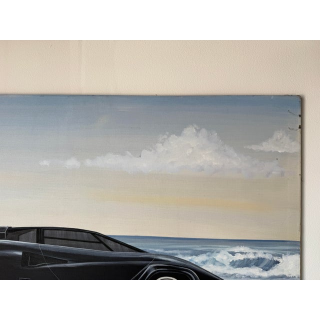 Textile 1980s Schamerhorn Black Lamborghini Countach on Sandy Beach Oil on Canvas Painting – Signed, Unframed For Sale - Image 7 of 14