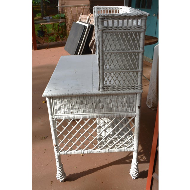 Vintage White Wicker Writing Desk W/ Drawer / Side Basket & Cubbies / Shelves For Sale - Image 16 of 18