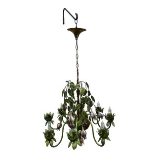 Vintage Green and Gold Country French 8 Light Chandelier For Sale