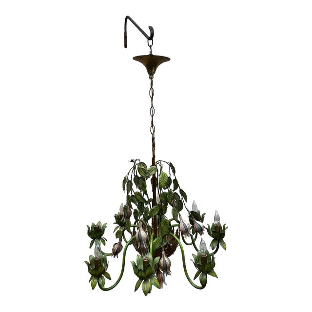 Vintage Green and Gold Country French 8 Light Chandelier For Sale