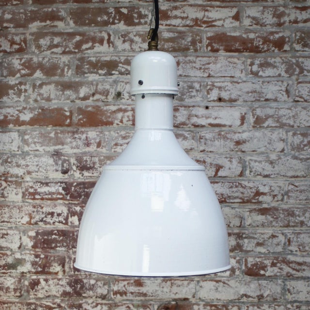 Industrial White Enamel and Brass Pendant Light, 1950s For Sale - Image 4 of 5