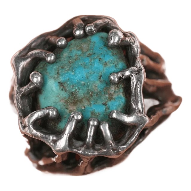 sz7 Vintage Southwestern Sterling Brutalist turquoise ring For Sale