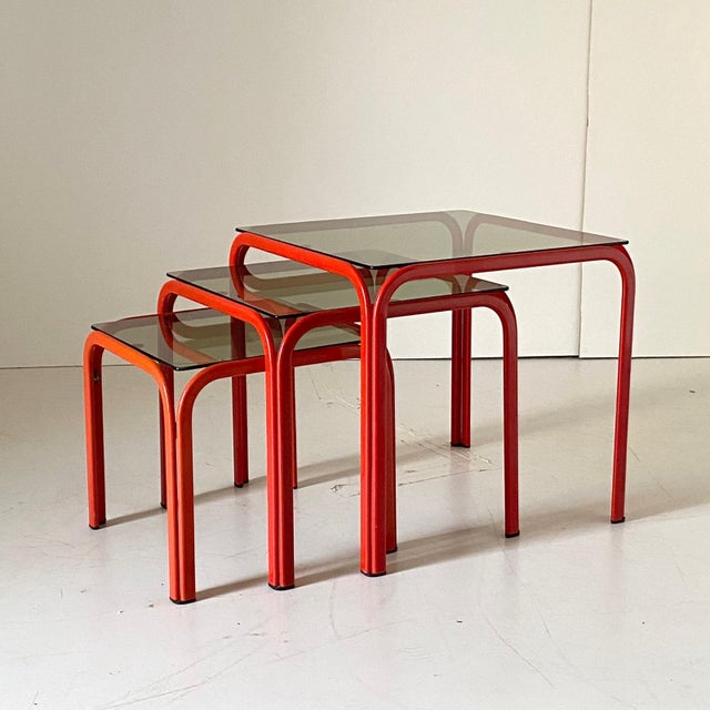Vintage Italian Nesting Tables with Red Iron Frame & Smoked Glass, 1970s, Set of 3 For Sale - Image 4 of 10