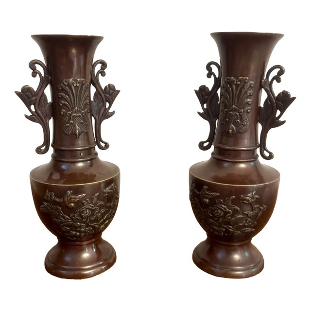 Antique Japanese Twin Handle Bronze Vases, 1900, Set of 2 For Sale