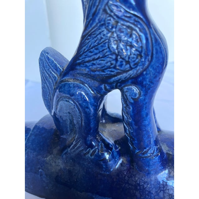 Early 20th Century • Vintage Chinese Cobalt Blue Glazed Figural Architectural Roof Tile Guardian Beast - 8" For Sale - Image 5 of 10