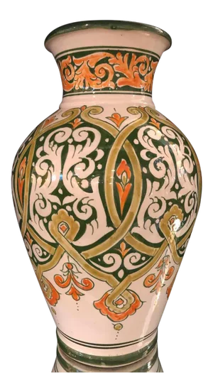 Vintage Moroccan Ceramic Green White and Orange Handmade Vase or Urn