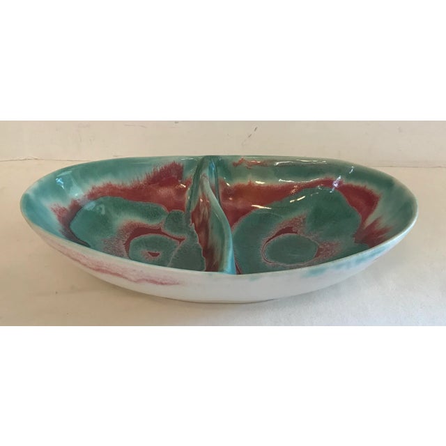 Mid-Century Modern Vintage Signed Dryden Ceramic Drip Glaze Divided Dish For Sale - Image 3 of 8