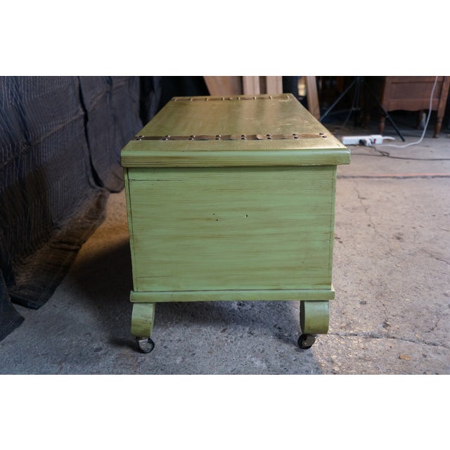 Vintage American Country Farmhouse Green Painted Chic Pine Blanket Chest Trunk For Sale - Image 11 of 18
