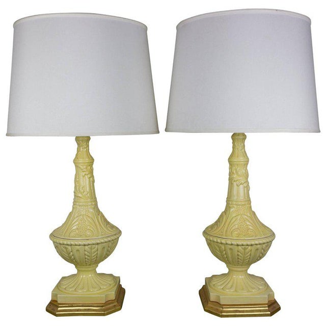 Yellow Pair of Spanish Yellow Ceramic Lamps With Gilt Bases For Sale - Image 8 of 8