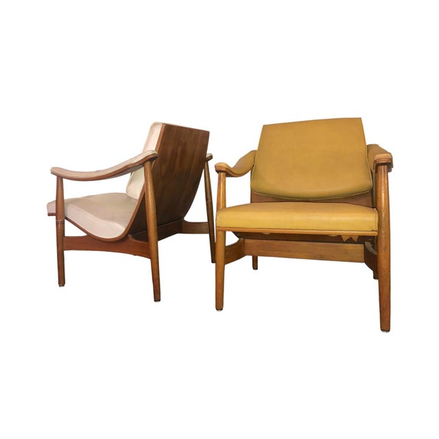 Pair of Danish Mid-Century bentwood armchairs with original yellow & white vinyl upholstery by Thonet Industries....