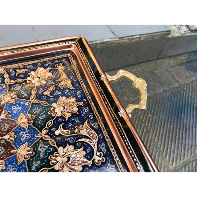 Metal Handmade Inlaid Serving Tray with Handles For Sale - Image 7 of 8