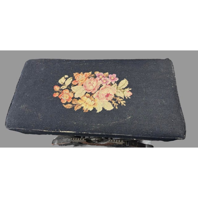 Early 20th Century Early 20th Century Antique Victorian Ebonized Aesthetic Footstool With Floral Needlepoint Seat For Sale - Image 5 of 10