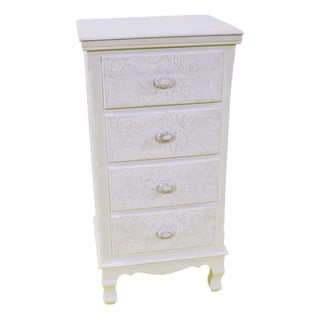 Narrow White Wooden Chest of Drawers with Decorated Drawers For Sale