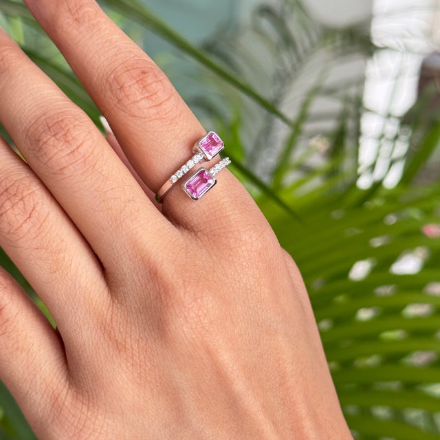 Edwarding Style 14k Gold 1.68 Ct Pink Sapphire Daimond Open Bypass Ring Size 5 For Sale - Image 11 of 14