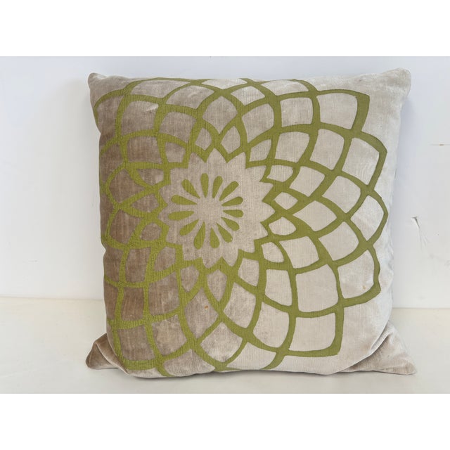 Velvet Throw Pillow by Gabraith & Paul. Galbraith & Paul taupe and jade green square velvet throw pillow. The pillow is...
